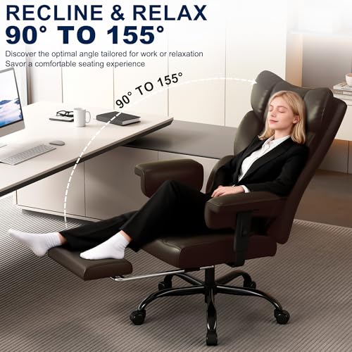 Misolant Big and Tall Office Chair with Footrest, High Back Executive Desk Chair with Adjustable Lift Armrest, 155°Recline，Lumbar Support Pillow, Faux Leather Gaming Chairs for Home or Office Brown Misolant