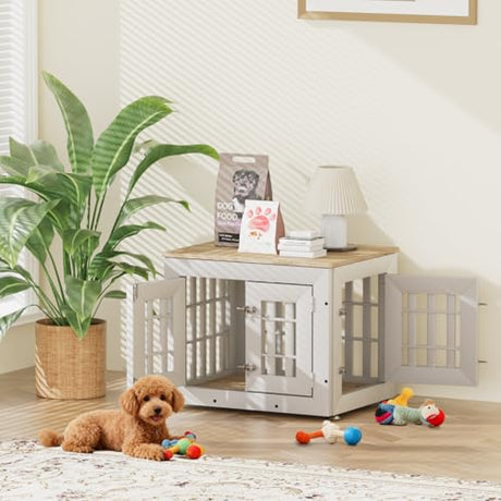 Snuowu 26" Heavy Duty Dog Crate Furniture for Small,Medium and Large Dogs,Rustic Wooden Dog Cage Kennel Indoor Furniture with Waterproof Top,Decorative Pet House Side End Table (White & Wood) Snuowu