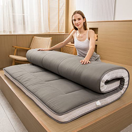 MAXYOYO Futon Mattress, Padded Japanese Floor Mattress Quilted Bed Mattress Topper, Extra Thick Folding Sleeping Pad Breathable Floor Lounger Guest Bed for Camping Couch, Dark Grey, Queen MAXYOYO