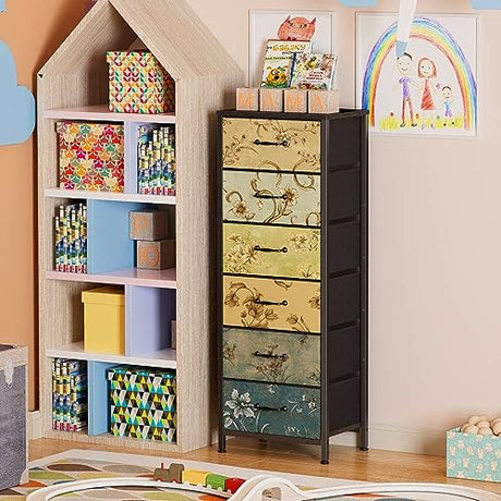 Furnulem Tall 6 Drawers Dresser, Vintage Storage Organizer Unit with Fabric Bins for Bedroom, Living Room, Closet, Nusery, Dorm, Entryway, Bedside Furniture, Sturdy Metal Frame, Wood Top Furnulem