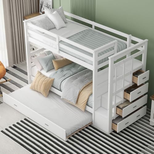 P PURLOVE Twin Over Twin Bunk Bed with Stairs and Trundle, Solid Wood Bunk Beds with Stairway Storage for Teens,Kids,White P PURLOVE