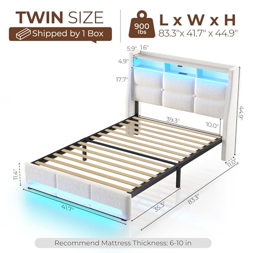 Rolanstar Twin Size Bed Frame with LED Lights and Charging Station, Upholstered Headboard with 2-Tier Storage Shelves, Heavy Duty Metal Frame, Noise-Free Support, Easy Assembly, No Box Spring Needed Rolanstar