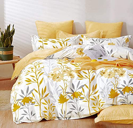 SLEEPBELLA Comforter King Size, 600 Thread Count Cotton Grey Branch with Yellow Flower & Grey Leaves Pattern Orange Reversible Comforter Set,Down Alternative Bedding Set 3Pcs(King, Yellow Botanical) SLEEPBELLA