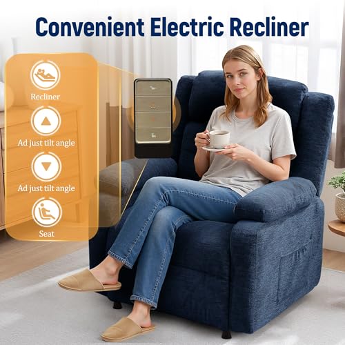 Korser Power Recliner Chair for Adults, Oversized Electric Recliner with Thickened Cushions, Chenille Fabric Reclining Chair for Living Room, Bedroom, Blue