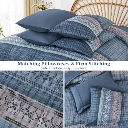 Dintszyayue Blue Comforter Set King Size, 8 Pieces Boho Striped Bed in a Bag Soft Microfiber Bedding Set for All Season Dintszyayue