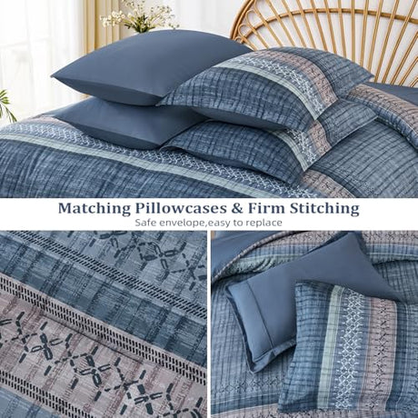 Dintszyayue Blue Comforter Set Queen Size, 8 Pieces Boho Striped Bed in a Bag Soft Microfiber Bedding Set for All Season Dintszyayue