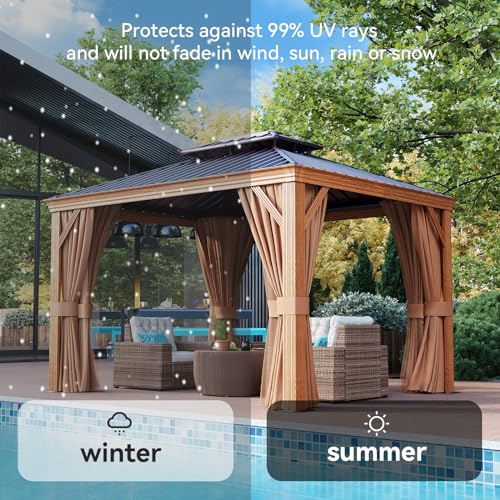 Aoxun 10' x 12' Hardtop Gazebo, Wooden Finish Coated Aluminum Frame Canopy, Galvanized Steel Double Top, Outdoor Permanent Metal Pavilion with Curtains and Netting, for Backyard, Patio and Deck