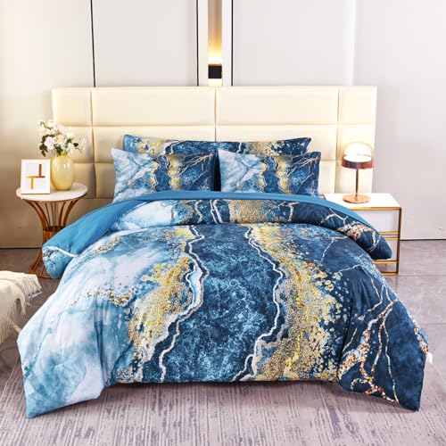 PERFEMET 6 Piece Blue Comforter Set Full Bed in A Bag Set Aesthetic Capri Blue and Gold Marble Bedding Set with Sheets Soft Luxury Watercolor Burning Mountain Printed Bedroom Sets(Capri Blue, Full) PERFEMET