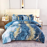 PERFEMET 6 Piece Blue Comforter Set Full Bed in A Bag Set Aesthetic Capri Blue and Gold Marble Bedding Set with Sheets Soft Luxury Watercolor Burning Mountain Printed Bedroom Sets(Capri Blue, Full) PERFEMET