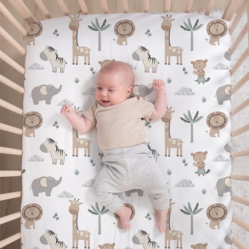 The Peanutshell 4 Piece Organic Cotton Baby Crib Bedding Set for Boys & Girls - Newborn, Infant & Toddler Nursery Bed Set Decor with Two Crib Sheets, Dust Ruffle Comforter - Safari Serenity The Peanutshell