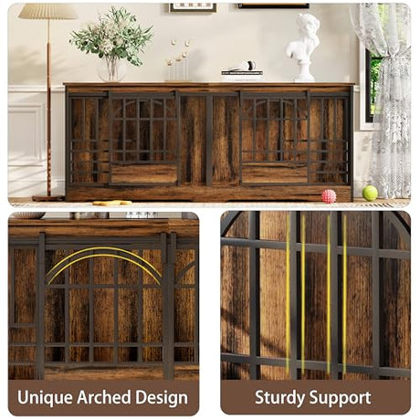 COZPAW 78 Inch Double Dog Crate Furniture, Extra Large Dog Kennel Indoor for 2 Dogs, Heavy Duty Dog Cage with Divider, Wooden Dog House Decorative Table TV Stand for XLarge Dogs (Cognac Brown) COZPAW
