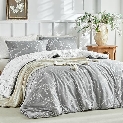 Lekesky Reversible Duvet Cover Queen Size, Grey White Branch Comforter Cover Queen 3pcs Microfiber Botanical Bedding Set with Zipper Closure Corner Ties Lekesky