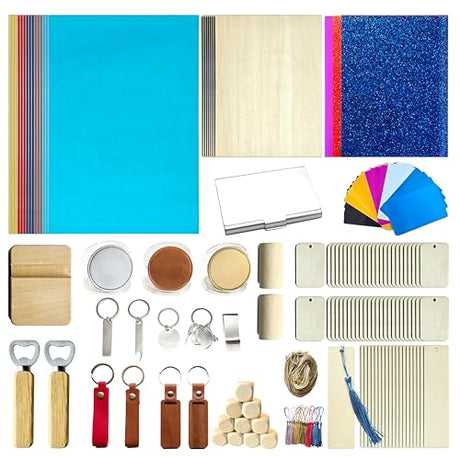 YoSpciaNe Laser Engraving Material Kit, 143 Pcs 19 Types Laser Engraver Blanks and Laser Engraver Supplies for Testing Common Materials, with Wood, Paper, Acrylic, Metal, PU Leather YoSpciaNe