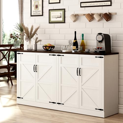 Sideboard Buffet Cabinet with Storage - 65 Inch Farmhouse Kitchen Sideboard Cabinets with Adjustable Shelves, Wooden Coffee Bar Storage Cabinet Buffet Table for Kitchen, Dining Room, White chartustriable