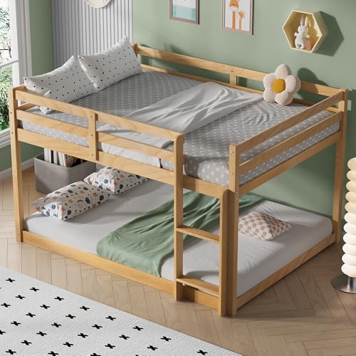 PVWIIK Full Over Full Wood Bunk Bed Frame with Ladder & Safety Guard Rails for Kids,Boy,Girl Bedroom,Space Saving Design & No Box Spring Needed,Easy to Assemble, Natural PVWIIK