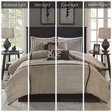 Madison Park Cozy Comforter Set Casual Blocks Design All Season, Matching Bed Skirt, Decorative Pillows, King(104"x92"), Dune Suede, Beige Brown, 7 Piece Madison Park