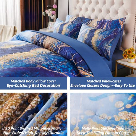 PERFEMET 6 Pcs Bed-in-A-Bag Queen Size Blue Watercolor Marble Printed Comforter Set with Matched Bed Sheets, Colorful Retro Artwork Style Bedroom Collections, Soft Lightweight Quilt Set(Blue,Queen) PERFEMET