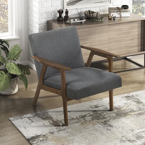 Lexicon Mid Century Modern Accent Chair, Upholstered Lounge Armchair, Single Sofa Seat, Brown Finish Solid Wood Framed Comfy Side Chairs for Living Room/Bedroom/Office/Waiting Area, Dark Gray Lexicon