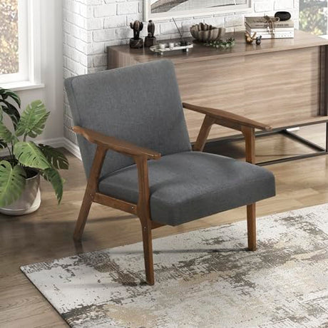 Lexicon Mid Century Modern Accent Chair, Upholstered Lounge Armchair, Single Sofa Seat, Brown Finish Solid Wood Framed Comfy Side Chairs for Living Room/Bedroom/Office/Waiting Area, Dark Gray Lexicon