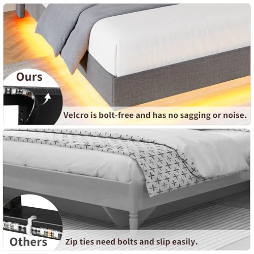 GarveeHome Queen Floating Bed Frame with LED Lights & Charging Station, Upholstered Platform Beds with Storage Headboard & Folding Shelves Storage, Metal Slats Support, No Box Spring Needed, Grey GarveeHome