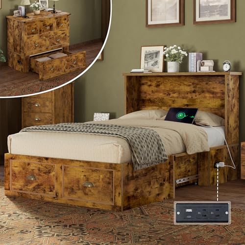 AMERLIFE Twin Size Murphy Bed, Farmhouse Wooden Cabinet with Charging Station and Storage Drawer for Bedroom/Office/Guest Room, Rustic Brown AMERLIFE