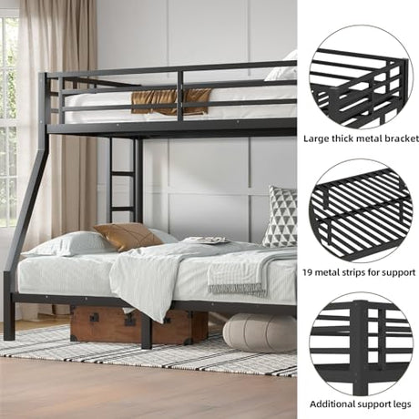 HKOLIE Twin Over Full Bunk Bed, Metal Bunk Bed Frame Heavy Duty Bunk Beds Loft Bed Frame with Ladder and Guardrail Metal Slats No Box Spring Required for Adults Teens, Black HKOLIE