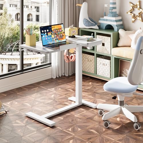 EKNKOZY Standing Desk, Medical Overbed Table with Rolling Tray, Dual Pneumatic Angle and Height Adjustable Desk, Portable Side Table with Hidden Wheels, Home & Hospital Use, White EKNKOZY