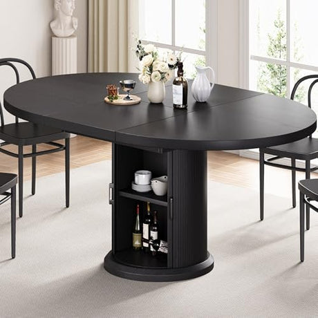 Jocoevol 47″–63″ Extendable Round Dining Table for 4–8 with Dust-Proof 2-Tier Storage Shelf Space Saving Expandable Wood Oval Circle Dinner Furniture with Pedestal Base (Black) Jocoevol
