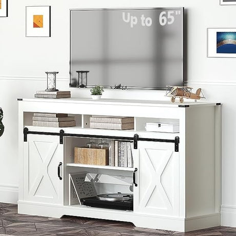RoyalCraft Farmhouse TV Stand with Sliding Barn Door for TVs up to 65+ Inch, 34" Tall Entertainment Center, Wood Media Console Storage Cabinet for Bedroom, Living Room, White RoyalCraft