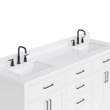 ARIEL Hepburn 72" White Double Vanity, 1.5" Edge Carrara Quartz Countertop & Splash, Rectangular Sinks, 4 Soft Closing Doors, 6 Full Extension Dovetail Drawers, Toe Kick, Matte Black ARIEL