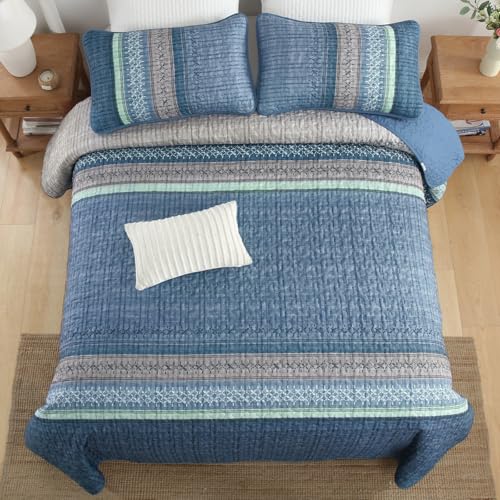 Menghomeus Blue Quilt Set King Size, 3 Pieces Striped Patchwork Quilted Bedding Sets, Soft Lightweight King Bedspreads Coverlets Bedding Set for All Seasons 104"x90" Menghomeus