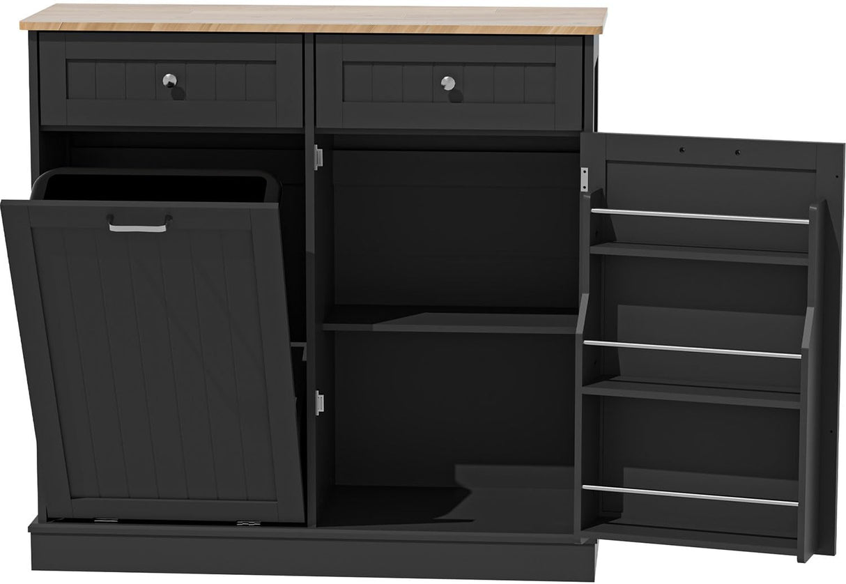 AHB 13 Gallon Tilt Out Trash Bin Cabinet with 2 Drawers, Adjustable Shelves,Kitchen Storage Cabinet with Garbage Bin Tilt Out Laundry Hamper for Kitchen, Black AHB