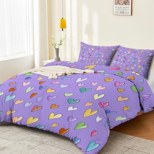 Double-Sided Printed Bedding with Minimalist Loving Romantic - Ultra-Soft Microfiber Duvet Cover Set Single Durable Zipper Closure, Comfortable Quilt Cover for Bedroom Décor Purple Generic