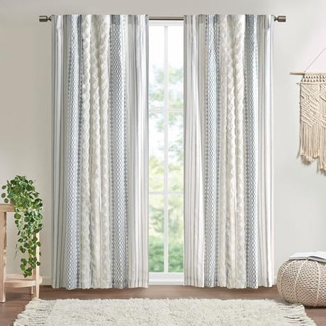 Ink+Ivy Boho Curtain for Bedroom Single Panel Window Curtain for Living Room, 100% Cotton Tufted Chenille Stripe Modern Farmhouse Curtain Light Filtering Drape for Bedroom, 50" x 84", Ivory/Navy INK+IVY