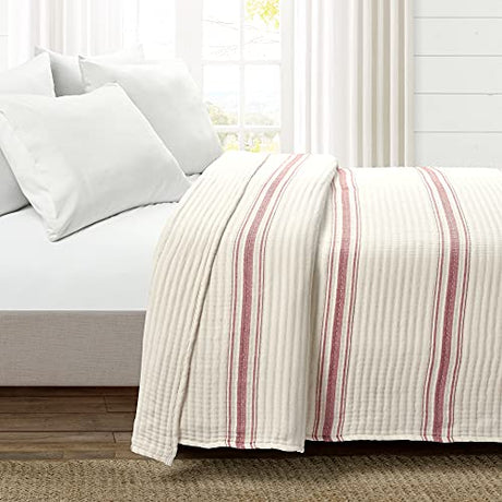 Lush Decor Farmhouse Stripe Kantha Pick Stitch Cotton Quilt/Coverlet Single Full/Queen, Red - Striped Bedding Queen Quilt - Queen Blanket For Bed Lush Decor