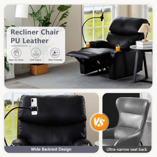Manual Recliner Chair,PU Leather Reclining Chairs with Phone Stand & Cup Holders,Overstuffed Single Sofa Recliner for Adults,Living Room Bedroom Home Theater (Black)