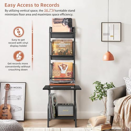 Record Player Stand with Vinyl Storage for up to 200 Albums, Turntable Stand with Record Holder Display Shelf Tewinko