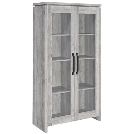 BOWERY HILL Traditional Glass Front 2 Door Wood Curio Display Cabinet in Grey Driftwood BOWERY HILL