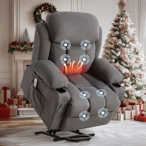 BOSMILLER Power Lift Recliner Chair with Massage and Heat for Elderly, Electric Recliner Single Sofa with Two Cup Holders, Extended Footrest, Side Pocket and USB Charge Port for Living Room
