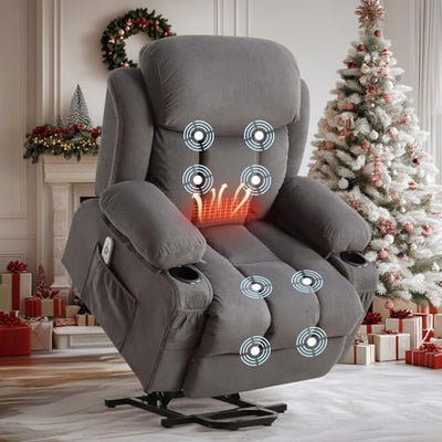BOSMILLER Power Lift Recliner Chair with Massage and Heat for Elderly, Electric Recliner Single Sofa with Two Cup Holders, Extended Footrest, Side Pocket and USB Charge Port for Living Room