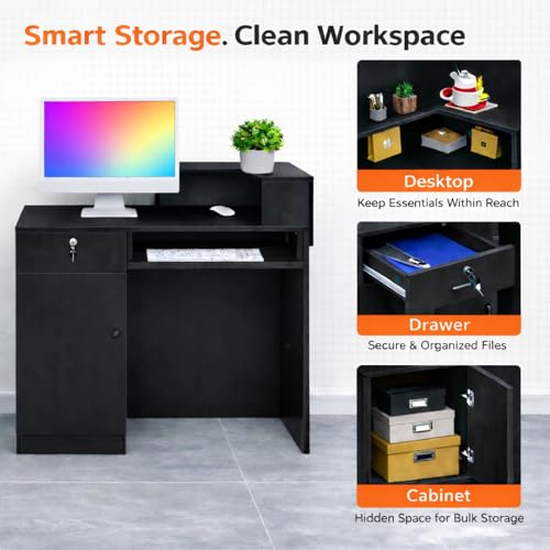 Modern Reception Desk with Storage Drawer & Counter Shelf, 39.4" Front Counter Reception Table for Office, Salon, Lobby, Retail Store (Black, Left Table)