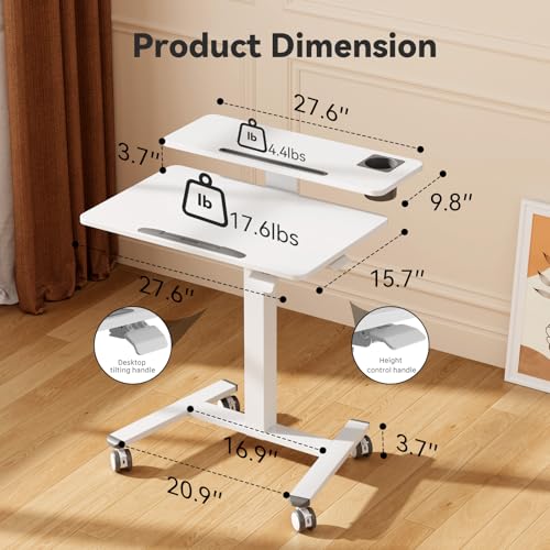 Liftsync 28Inch Mobile Standing Desk On Wheels， Rolling Laptop Stand with Tiltable Desktop， Small Computer Workstation Adjustable Height， 2-Tier Portable Study Table with Storage Shelves， White Liftsync