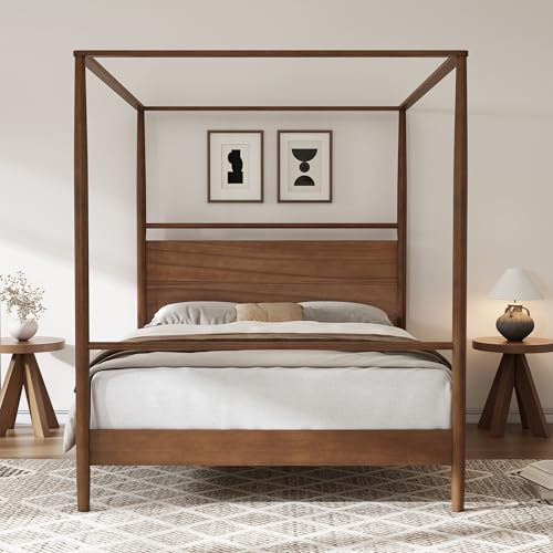 Solid Wood Canopy Platform Bed Queen Size,Mid-Century Modern Four Posters Platform Bed Frame with Full-Length Slide Rails & Headboard,Under-Bed Space,No Box Spring Needed,Walnut