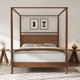 Solid Wood Canopy Platform Bed Queen Size,Mid-Century Modern Four Posters Platform Bed Frame with Full-Length Slide Rails & Headboard,Under-Bed Space,No Box Spring Needed,Walnut