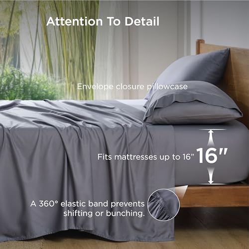 Bedsure Queen Sheet Set, Cooling Sheets for Queen Size Bed Set, Rayon Derived from Bamboo, Breathable & Soft, Deep Pocket Up to 16", Hotel Luxury Silky Bedding for Hot Sleepers, Dark Grey Bedsure