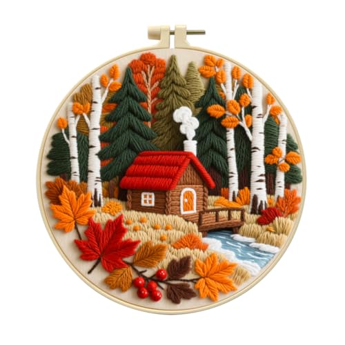 Zhenqing Autumn Forest Cabin Embroidery Kit for Beginners - Complete Set with Pre-Printed 29x29cm Cotton Fabric, Hoop, Threads & Tools(C0140)