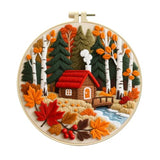Zhenqing Autumn Forest Cabin Embroidery Kit for Beginners - Complete Set with Pre-Printed 29x29cm Cotton Fabric, Hoop, Threads & Tools(C0140)