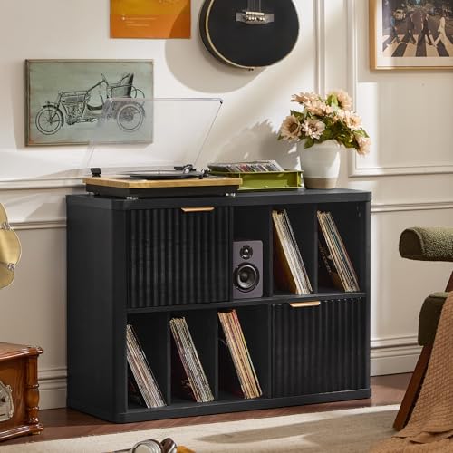 LEYAOYAO Large Record Player Stand with Vinyl Storage Up to 450 Albums, Wood Fluted Boho Record Storage Accent Cabinet, Modern Stereo Media Cabinets, Wide Turntable Stand for Living Room, Black Oak LEYAOYAO