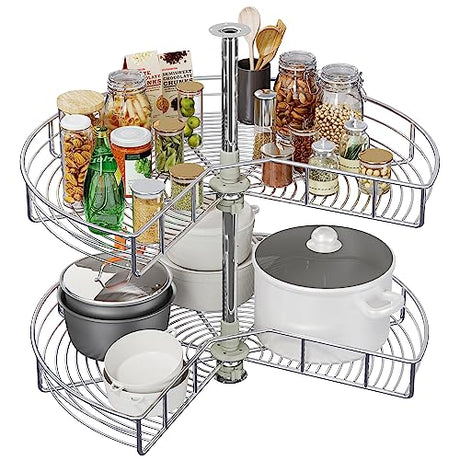 DWVO 28-Inch 2-Tier Lazy Susan Turnable for Cabinet, Rotating 2-Shelf Lazy Susan Corner Organizer with Adjustable Height for Kitchen Pantry, Chrome-Plated Double Spinning Corner Organizer, Silver DWVO