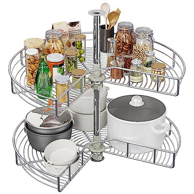 DWVO 28-Inch 2-Tier Lazy Susan Turnable for Cabinet, Rotating 2-Shelf Lazy Susan Corner Organizer with Adjustable Height for Kitchen Pantry, Chrome-Plated Double Spinning Corner Organizer, Silver